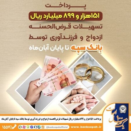 پرداخت ۱۵۱ هزار و ۸۹۹ میلیارد ریال تسهیلات قرض‌الحسنه ازدواج و فرزندآوری توسط بانک سپه تا پایان آبان‌ماه